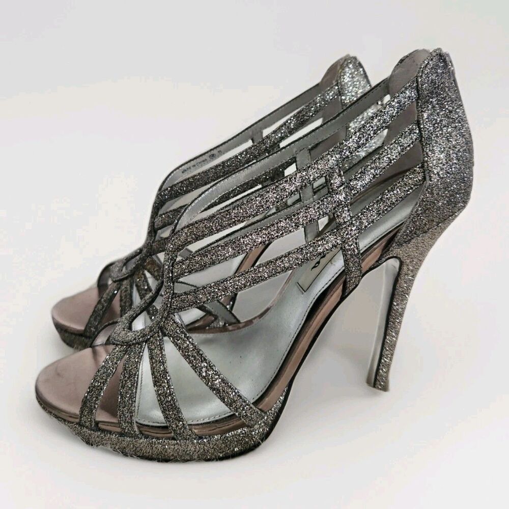 Nina Forest YG Silver Sparkle Platform Dress Sandals 5" High Heels Womens 8M EUC